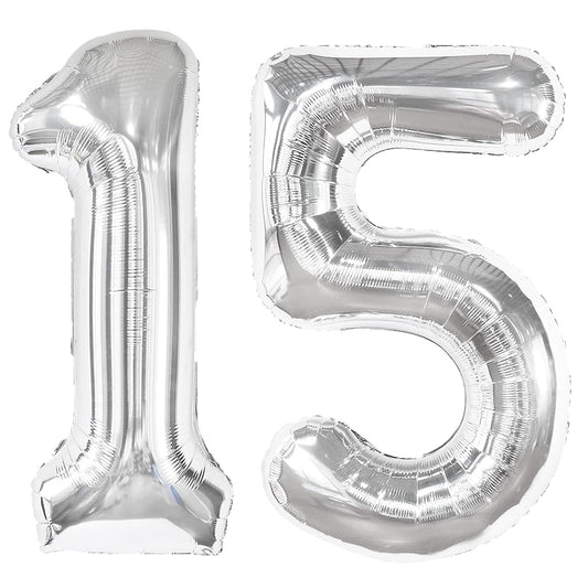 Kelfuoya silver 15-number balloon front view, 40-inch display for birthdays.