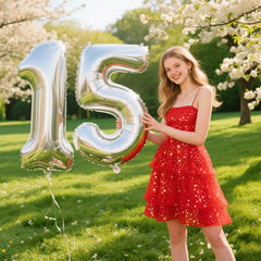 Kelfuoya silver 15-number balloon outdoor setup with party decor.