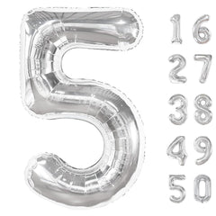 Kelfuoya silver 40-inch number 5 balloon ideal for birthdays and photo backdrops.