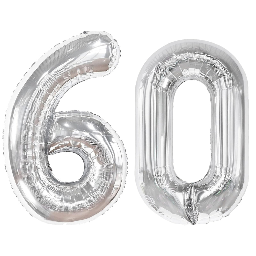 Kelfuoya silver 60-number balloon foil close-up for elegant party decor.
