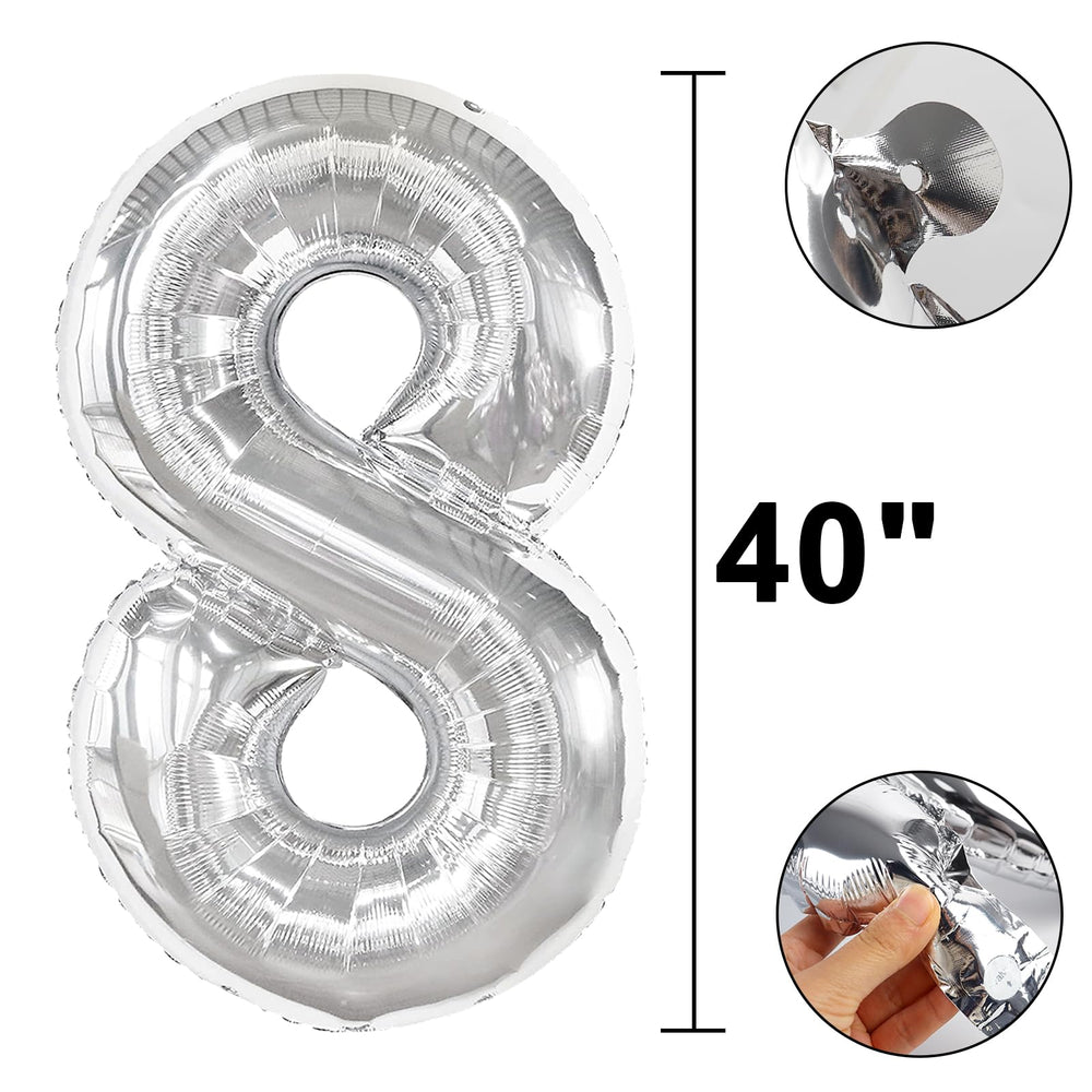 Kelfuoya silver 8-number foil balloon adds elegant milestone decor.