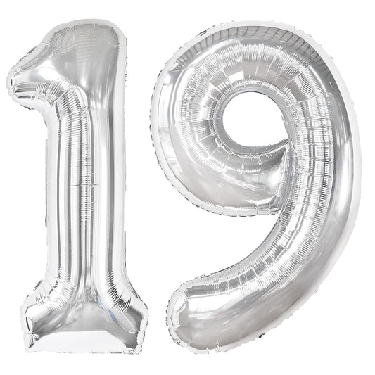 Kelfuoya silver number 19 balloon, 40-inch size, creates a dramatic party backdrop.