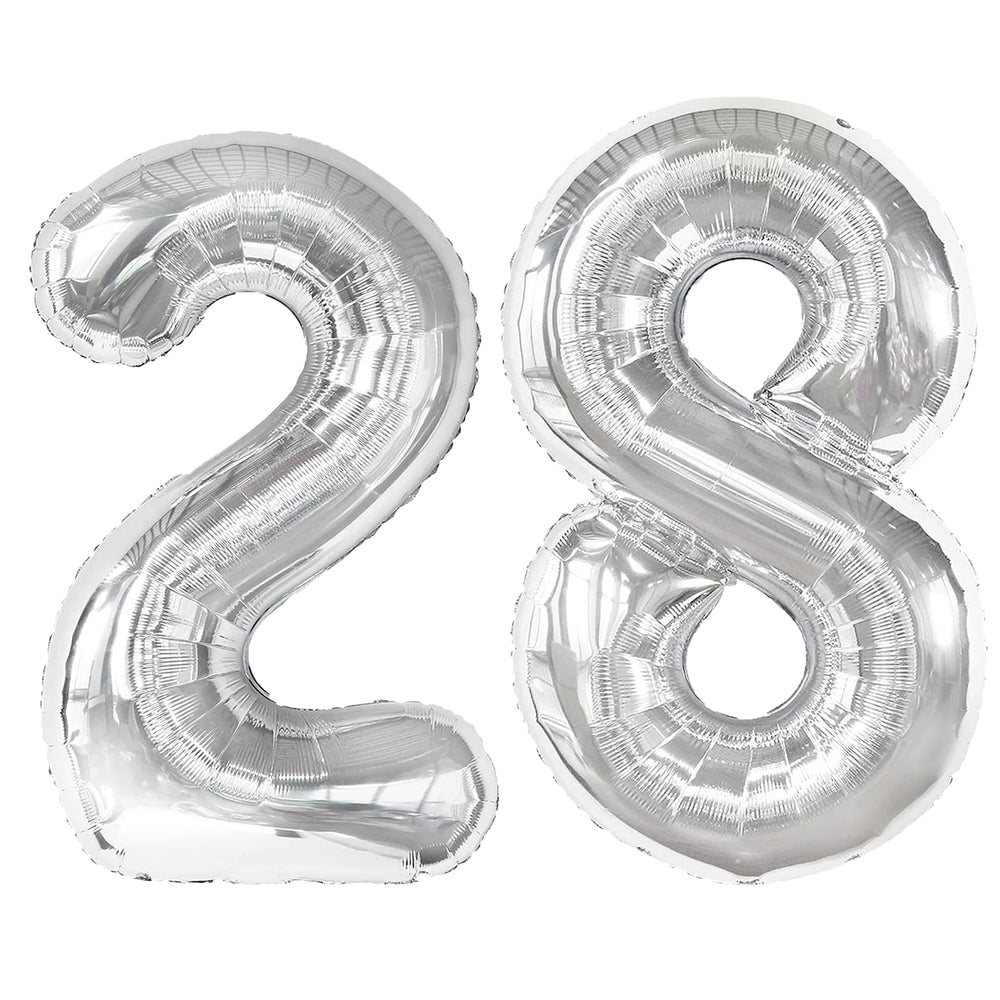 Kelfuoya silver number 28 balloon front view for an elegant birthday backdrop