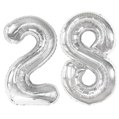 Kelfuoya silver number 28 balloon front view for an elegant birthday backdrop