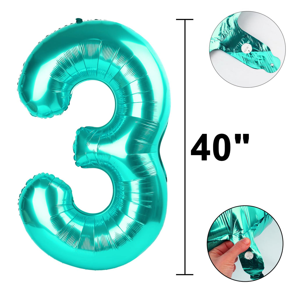 Kelfuoya 40-inch teal number 3 for milestone parties and photo backdrops.