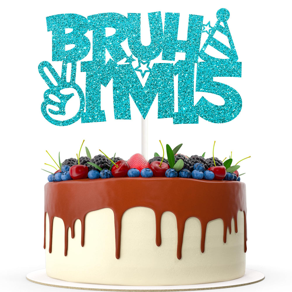 Keltora Blue Glitter Bruh I’m 15 cake topper adds dazzling sparkle to the celebration
