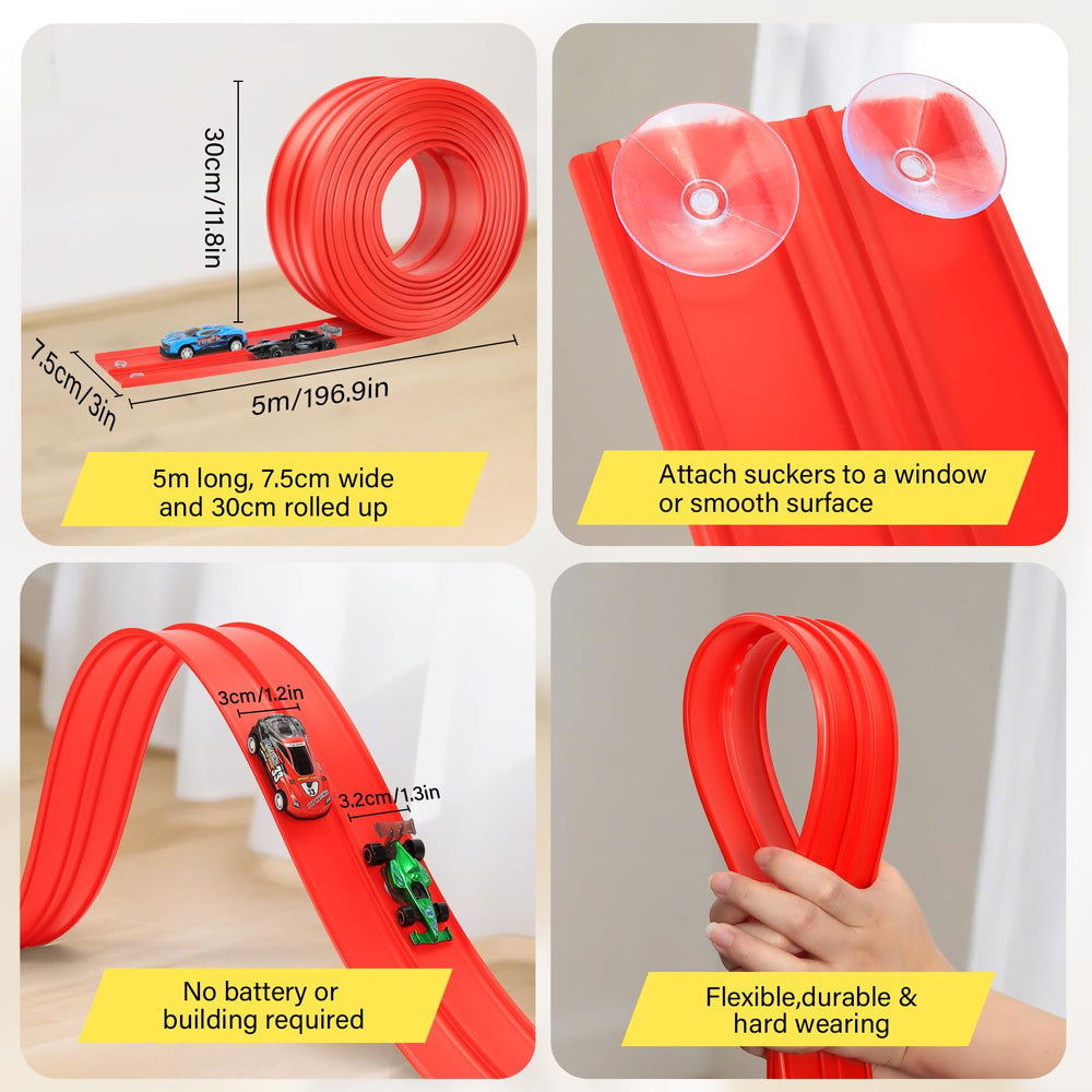 KETIEE Flex Tracks cling to smooth surfaces like glass or countertops for spontaneous races.