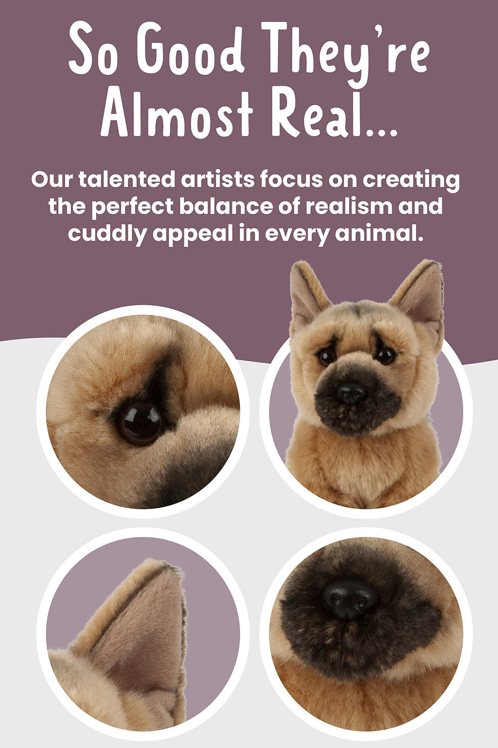 Keycraft Living Nature German Shepherd lifelike eyes and hand-shaded fur for authentic charm.