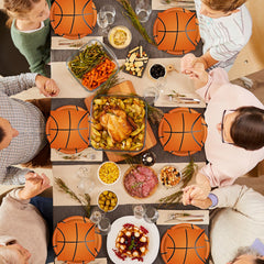 KFJBPB basketball party mockup on table inviting guests to enjoy food.