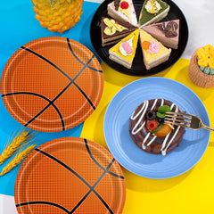 KFJBPB basketball plates stack close-up highlighting tear-resistant paper.