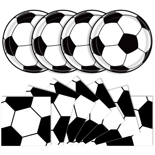 KFJBPB 9-inch soccer plates ready for meals at a party.