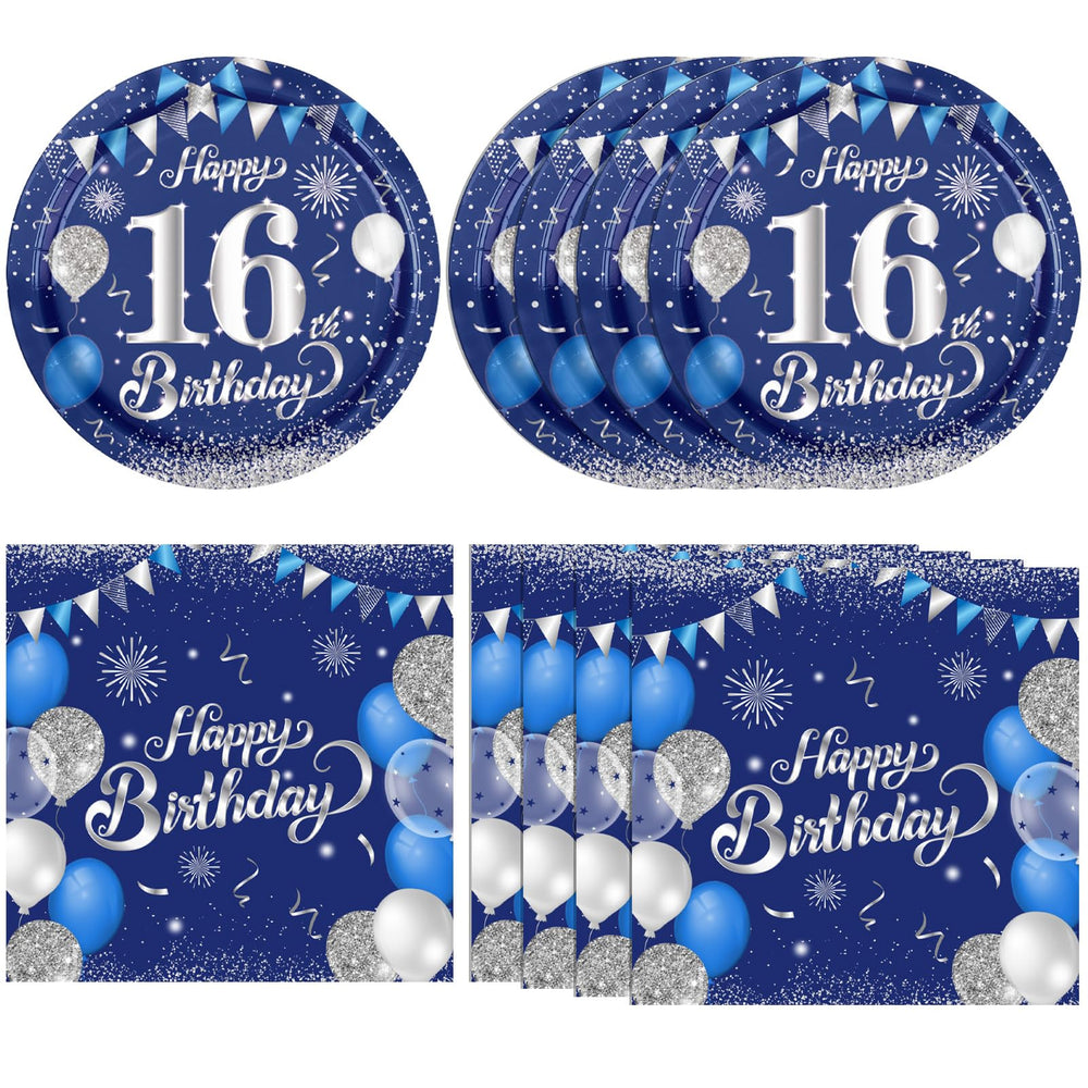 KHAIVI 16th birthday plates in blue and silver brighten the table