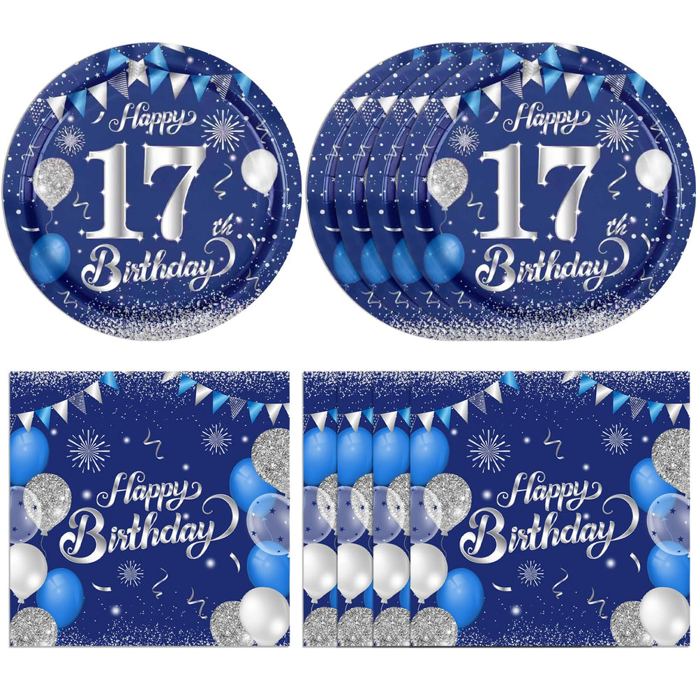 KHAIVI 40pcs blue-silver 17th birthday plates and napkins set elevates teen party decor