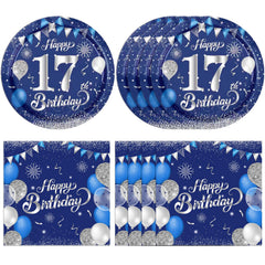 KHAIVI 40pcs blue-silver 17th birthday plates and napkins set elevates teen party decor