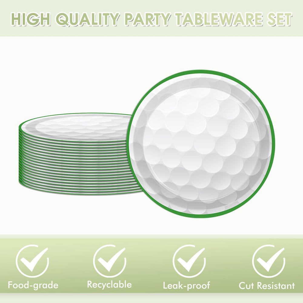 KHAIVI disposable dinnerware, golf-themed design, easy setup for indoor or outdoor parties.
