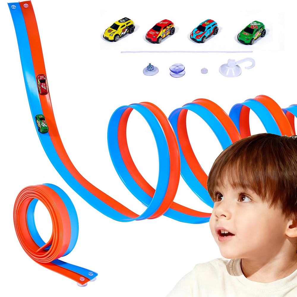 Kiapeak 20ft flexible track with double lanes for room-to-room racing.