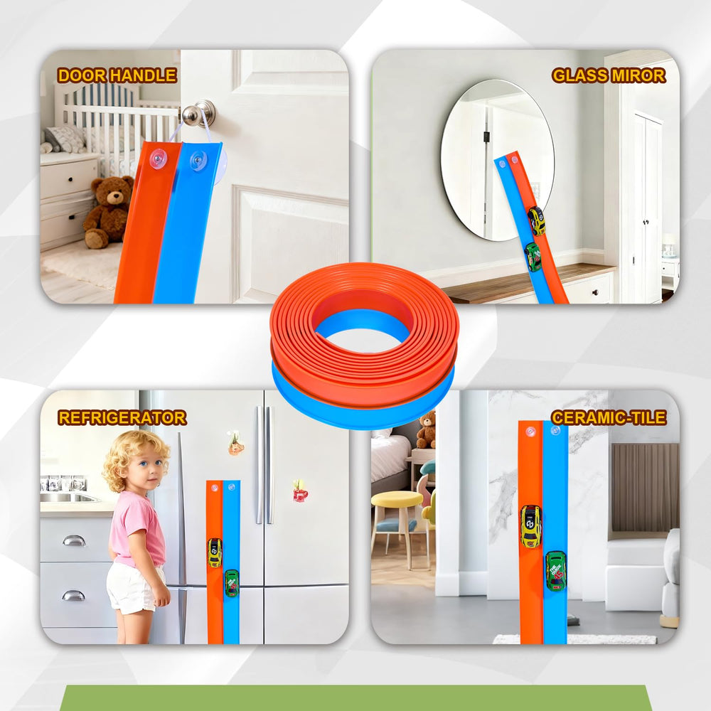Kiapeak blue and orange track visuals attract kids to race fun.