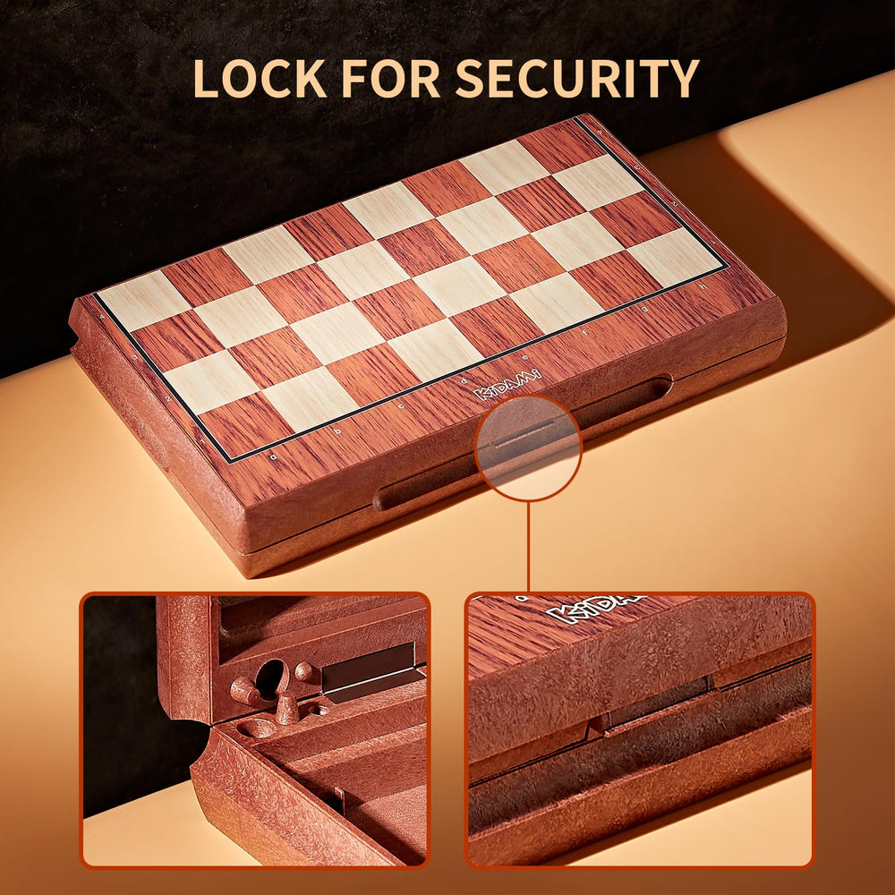 Magnetic chess pieces stay securely on board for smooth play.