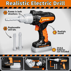 KidBloom battery-operated drill showing realistic spin for pretend construction