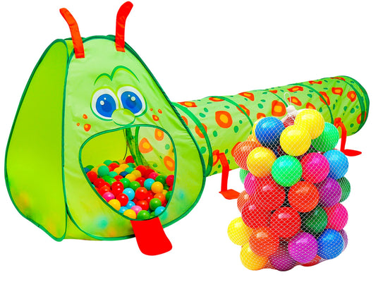 Kiddey Caterpillar tunnel exterior view with colorful balls, ideal for active toddlers.