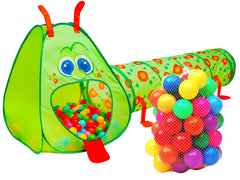 Kiddey Caterpillar tunnel exterior view with colorful balls, ideal for active toddlers.