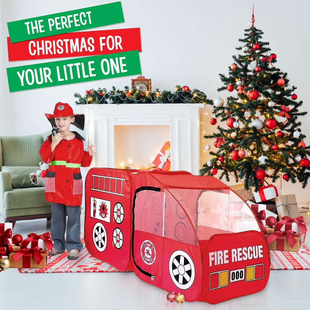 Kiddey fire truck pop-up tent set up in a sunny backyard