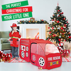 Kiddey fire-truck play tent supports cozy indoor/outdoor fun.