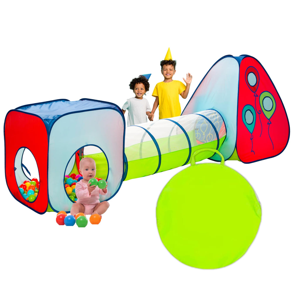 Kiddey tunnel and ball pit play tent setup for safe indoor exploration.