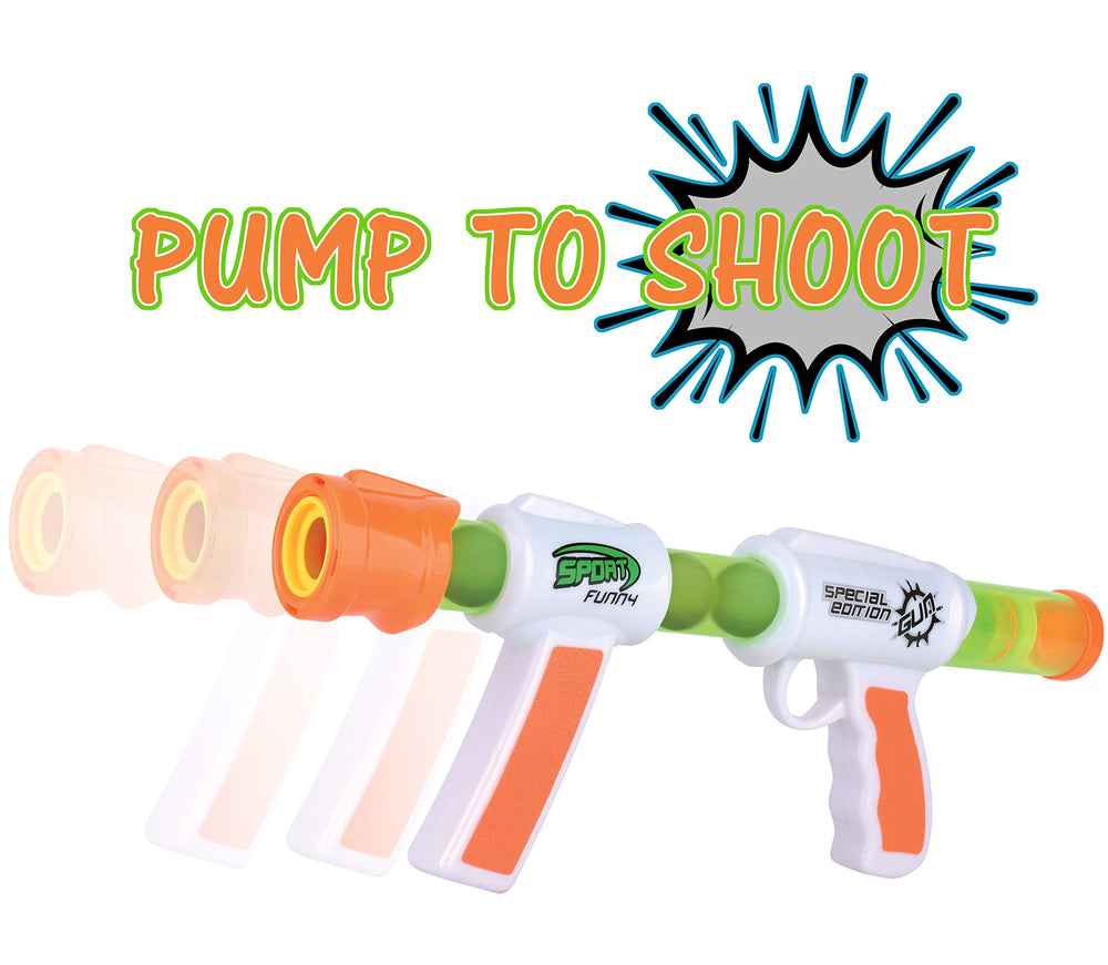 Kiddie Play pump-action mechanism detail, easy reload and rapid shots