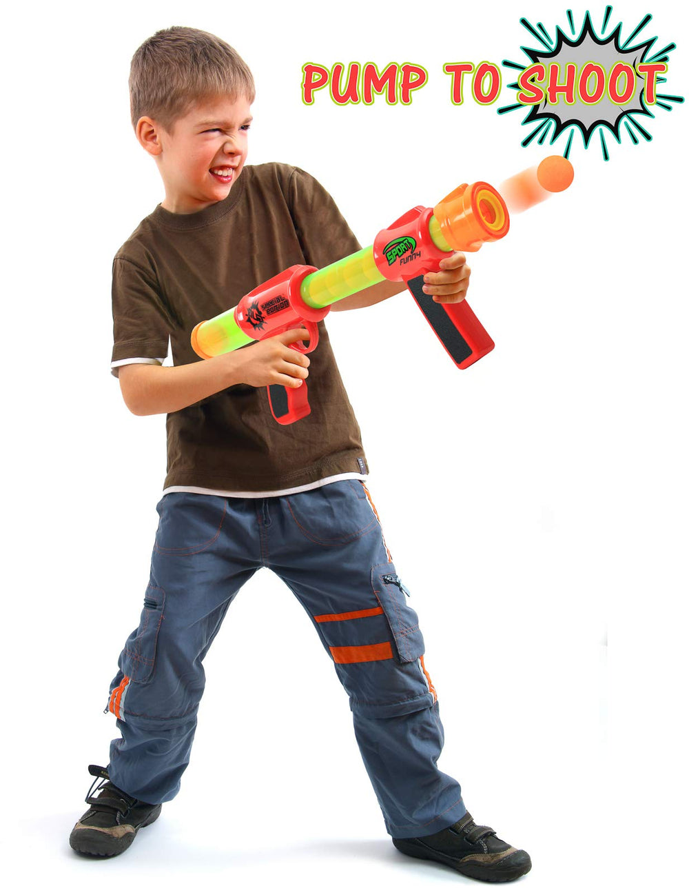 Kiddie Play two-players action shows kids dueling with foam blasters.