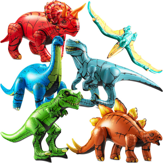 KiddieLoot six-piece inflatable dinosaurs for backyard play and party decor.