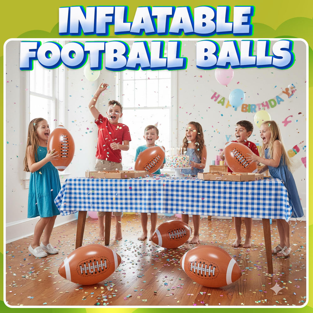 KiddieLoot football party decorations and prizes using inflatable balls for energetic celebrations.