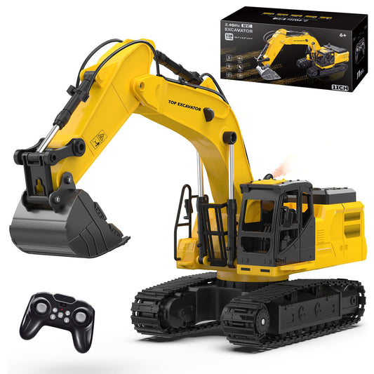 KIDDITOY 1:18 metal RC excavator digging with a durable alloy bucket for realistic play.