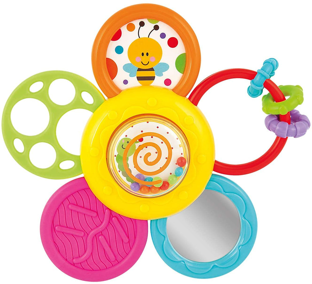 KiddoLab Spin and Rattle Teether flowers in motion for sensory play.