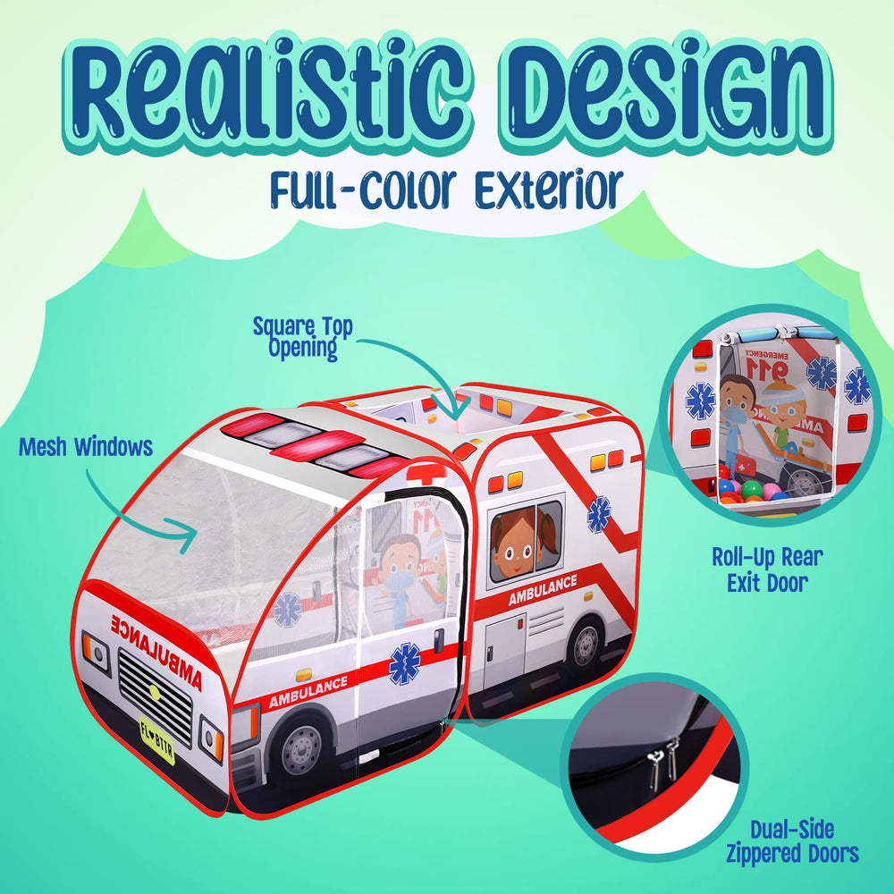 Kiddzery ambulance pop-up tent - lightweight design, portable for indoor and outdoor adventures