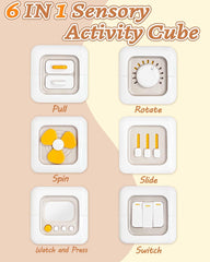 Kidific 6-in-1 Busy Cube on/off switch encourages cause-and-effect play.