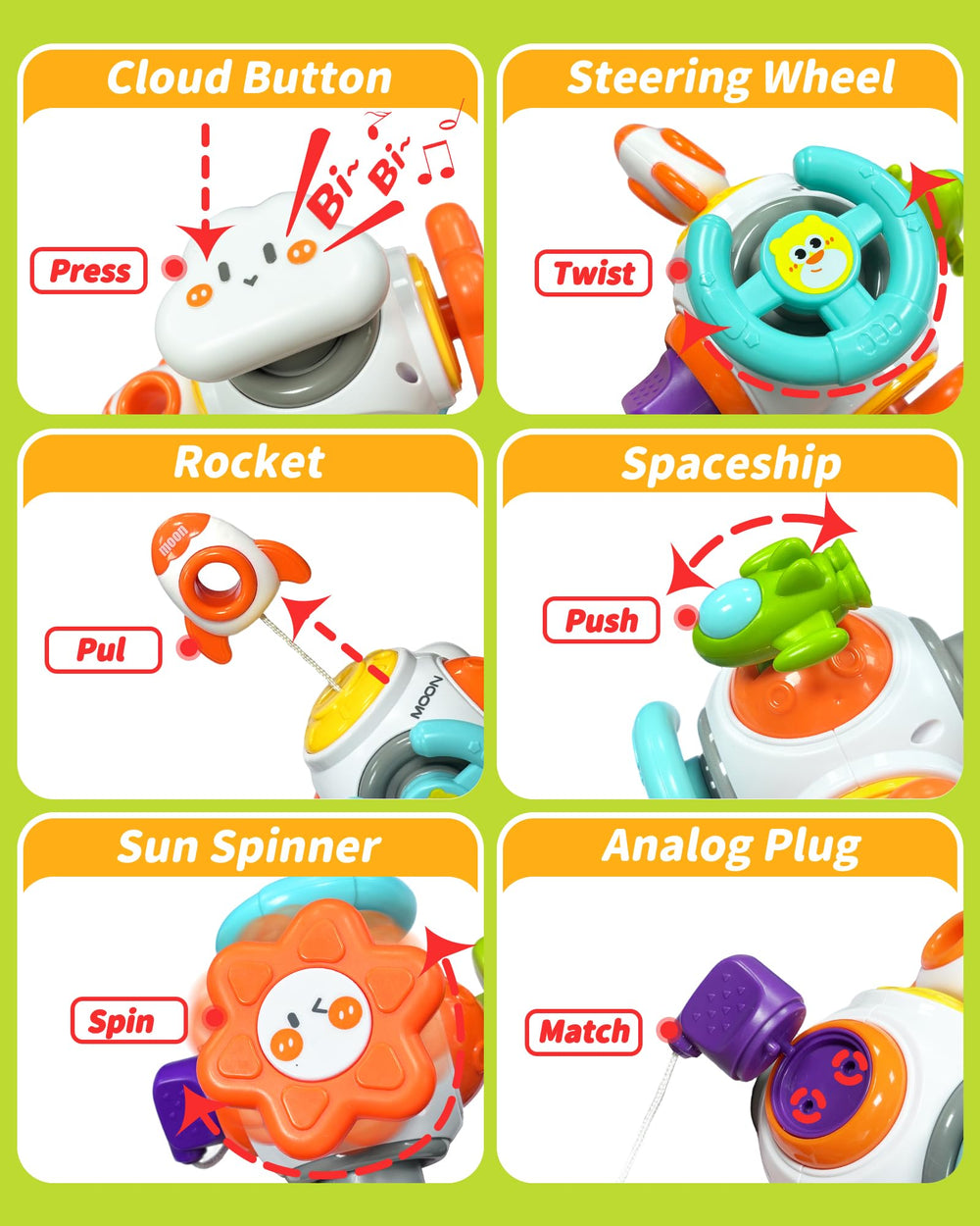 Kidific Busy Cube pushable spaceship enhances tactile exploration and imaginative play.