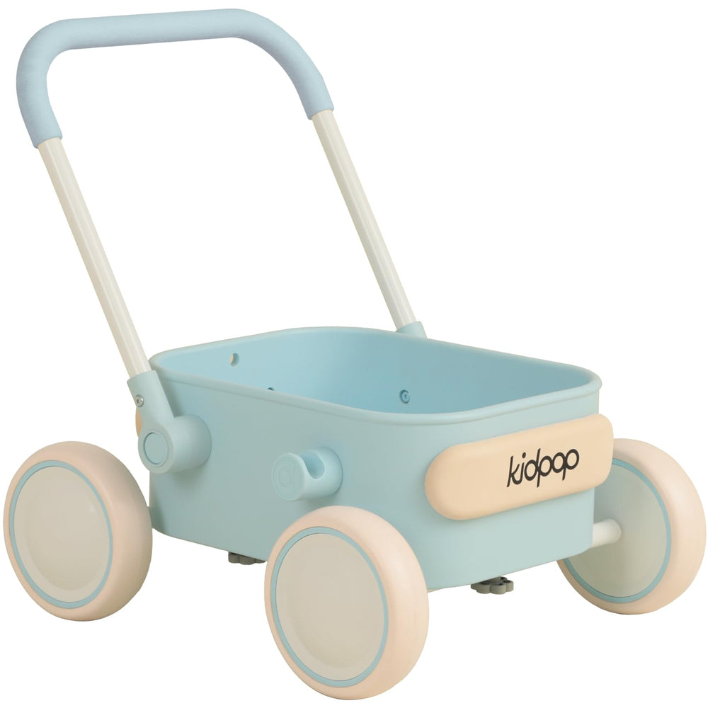 Kidpop PULA blue wagon shown indoors and outdoors for first mobility.