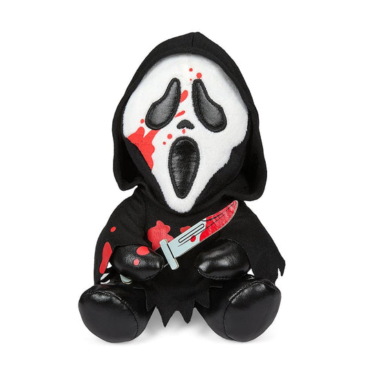 Kidrobot Bloody Ghost Face Phunny Plush front view, cuddly collectible for fans.