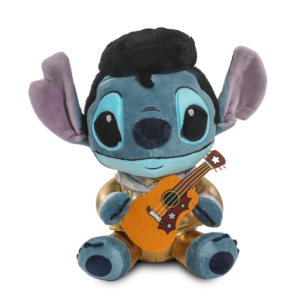 Kidrobot Disney Stitch Elvis gold-suit Phunny plush ideal for shelf display.
