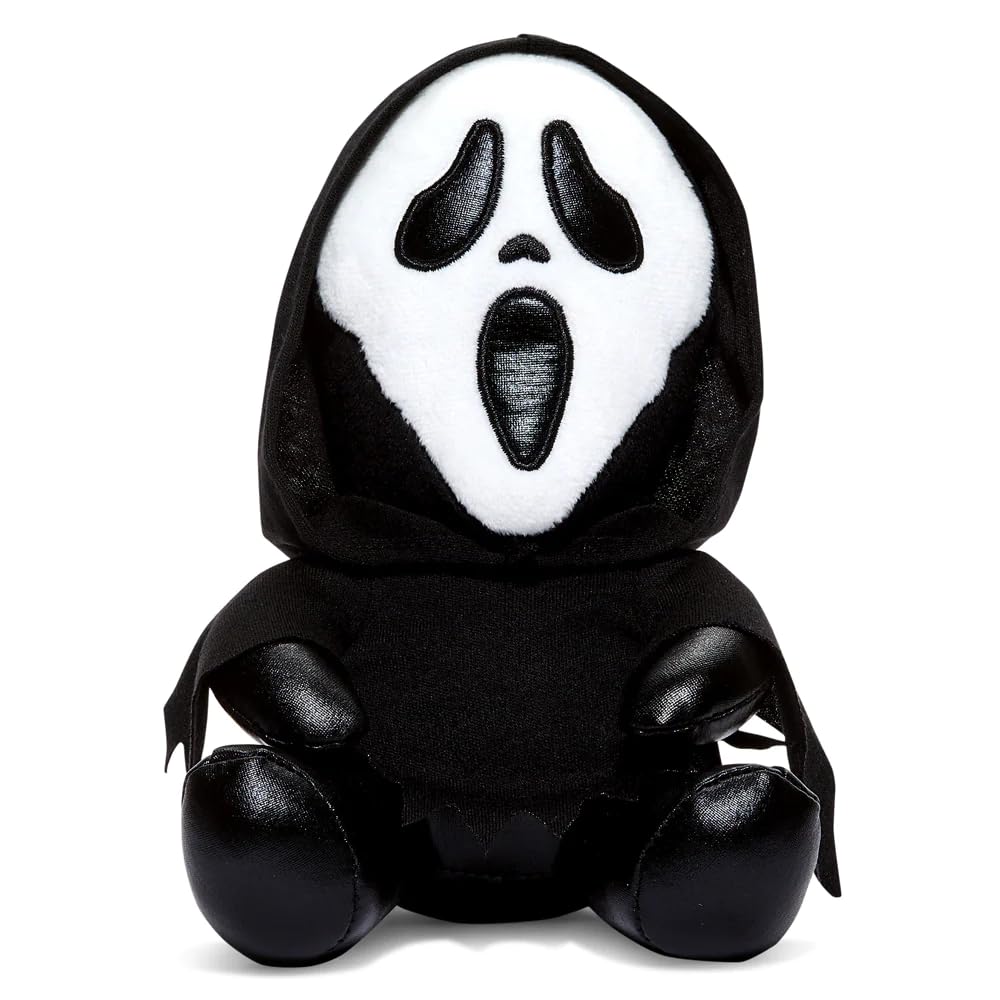 Kidrobot Ghost Face 8-Inch Phunny plush in seated pose, perfect for spooky shelf decor.