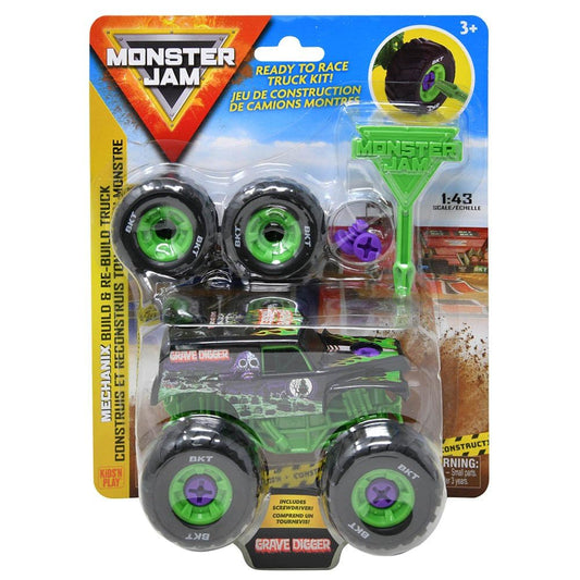 KiDS'N PLAY Grave Digger buildable truck front view with authentic graphics for immersive play.
