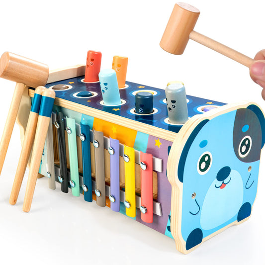 KIDWILL Montessori pounding bench close-up with wooden pegs for hand-eye coordination.