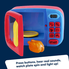 Kidzlane toy microwave light illuminates the play kitchen