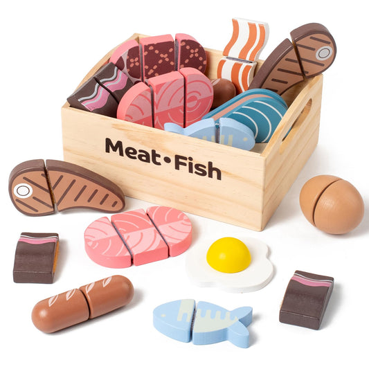 Kienvy pork chop wooden play food for realistic pretend meals.