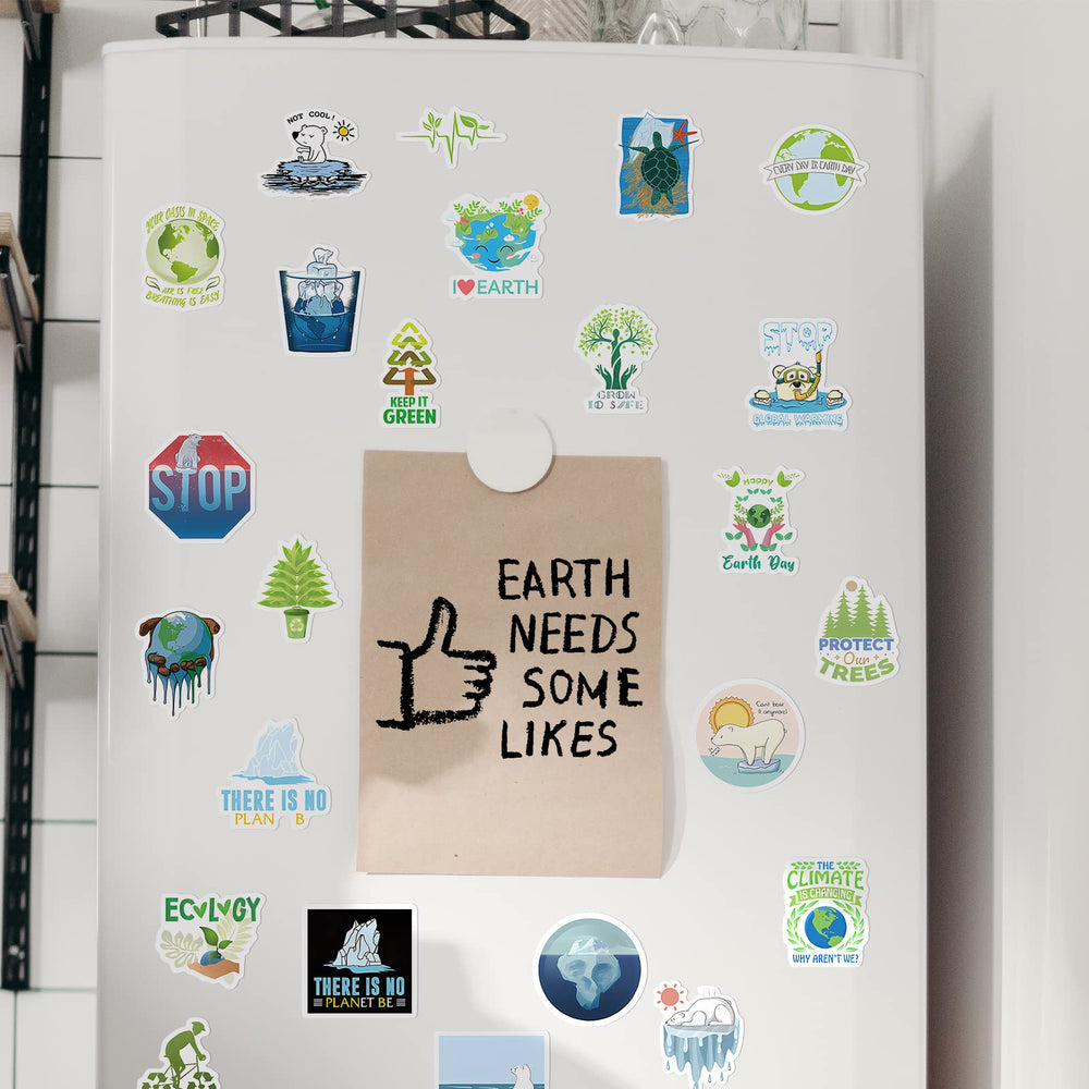 Kigibo Earth Day stickers on a fridge; weatherproof home decor