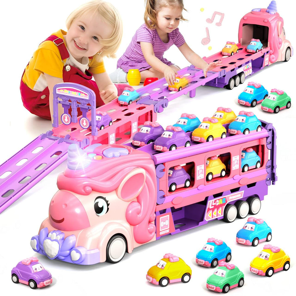 Kigwux unicorn truck with racing track setup for two players and lights.