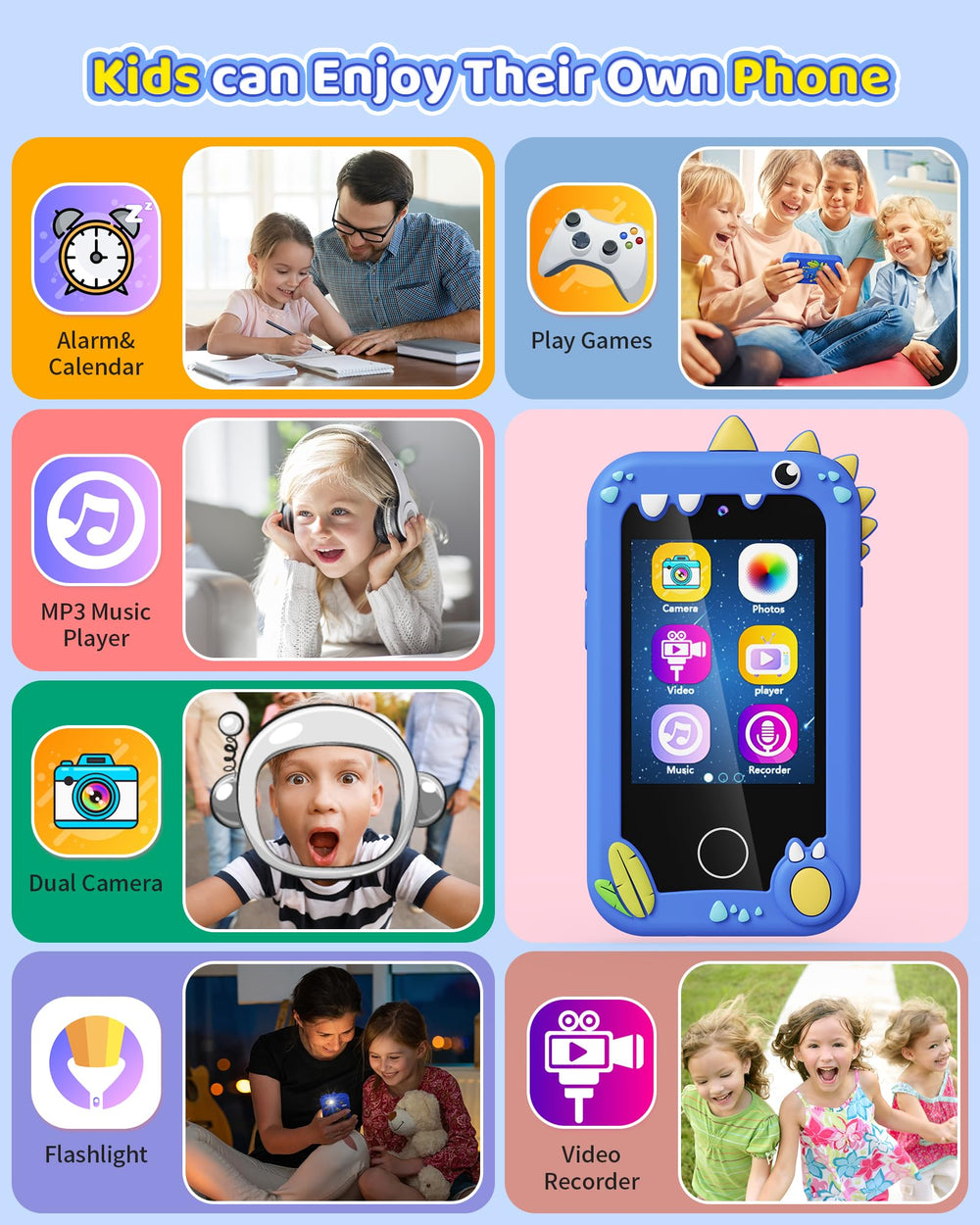 Kikapabi Kids Smart Phone dual camera for photos and videos.