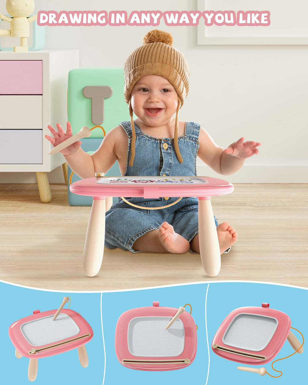 Kikapabi magnetic drawing board with wobble-proof legs for stable tabletop play