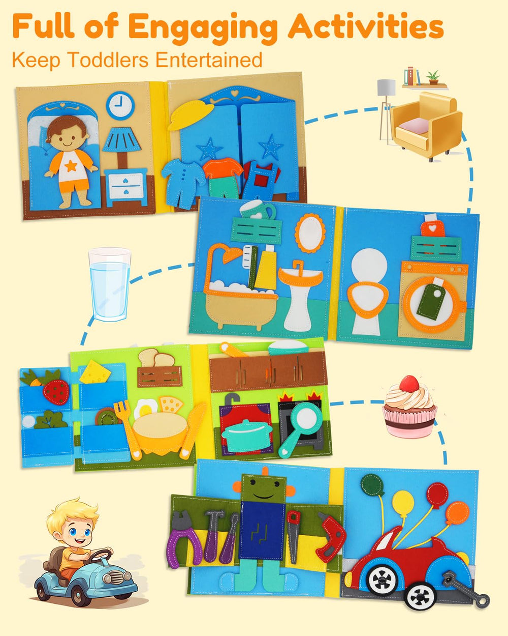 Kikiyaki Busy Book page hand-eye coordination through interactive tasks and prompts